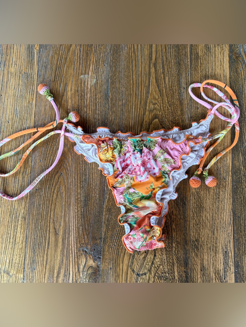 PQ Swim Floral Ruffle Tie Side Bikini Bottom Size S Orange Pink Tropical
